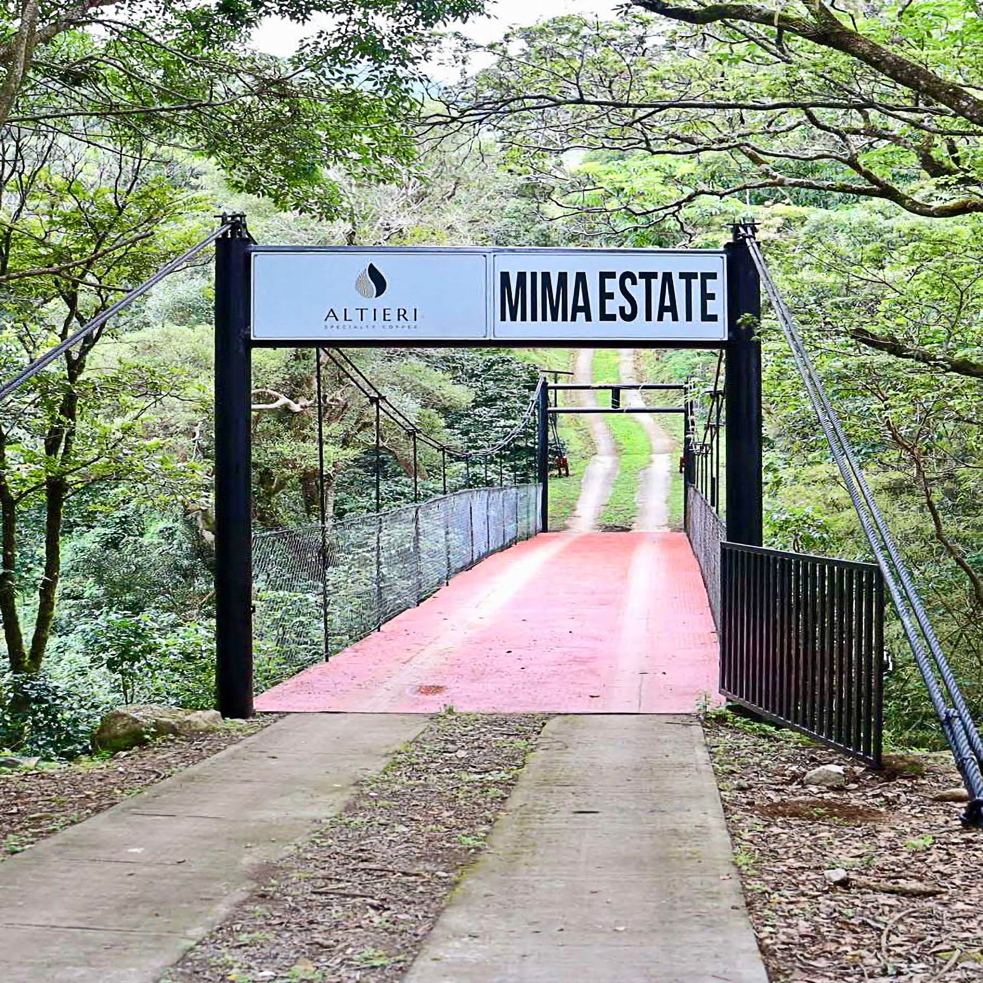 Suspension bridge with 'Mima Estate' sign in a forest setting