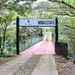 Suspension bridge with 'Mima Estate' sign in a forest setting
