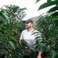 Sebastian Ramírez between El Placer Gesha coffee plants