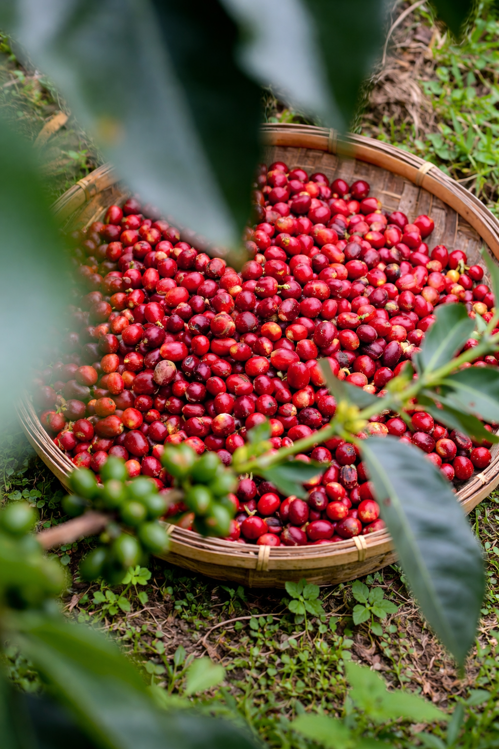 Freshly harvested red coffee cherries collected in a woven basket on the ground at Bette Buna